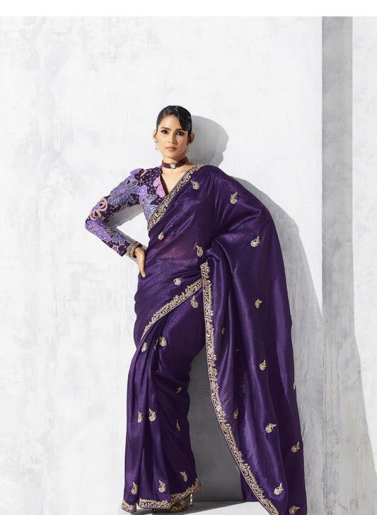 Designer Purple Silk Saree Blouse Party  Wear