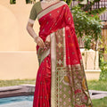Red Olive Green Silk Blend Saree with Traditional Woven Border 