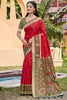 Red Olive Green Silk Blend Saree with Traditional Woven Border 