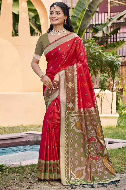 Red Olive Green Silk Blend Saree with Traditional Woven Border 