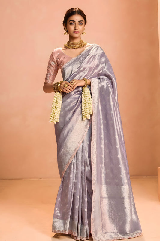 Silver Grey Soft Silk Saree with Woven Butti Designer Blouse