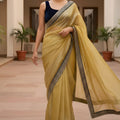 Mustard Yellow Organza Saree Designer Black Border Sleeveless Blouse