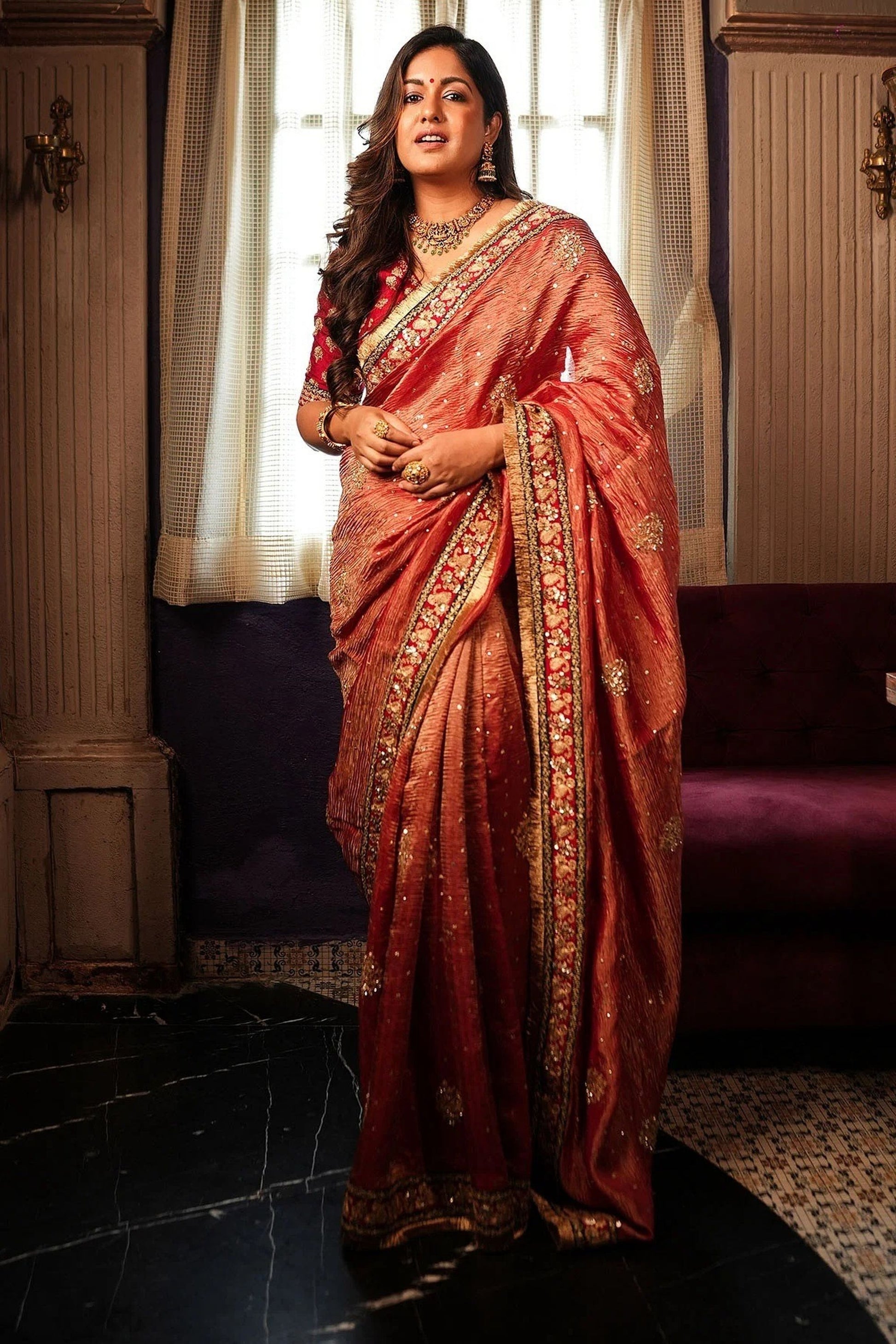  Rust Red Silk Saree with Heavy Embroidered Border Designer Blouse 