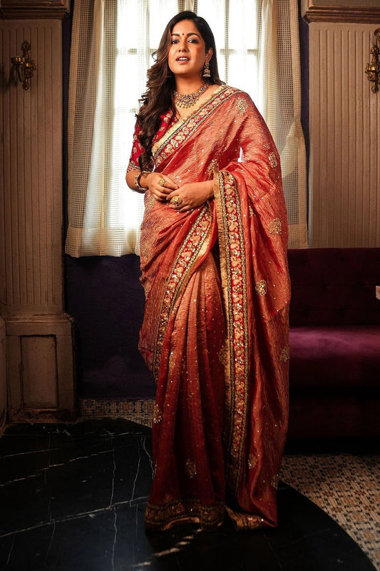  Rust Red Silk Saree with Heavy Embroidered Border Designer Blouse 