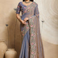 Blue Embroidered Organza Saree Floral Handwork Designer Blouse