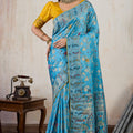 Sky Blue Banarasi Silk Saree Rich Zari Floral Contrast Yellow Blouse