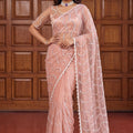 Elegant Blush Pink Sequins Embroidered Net Saree with Designer Blouse