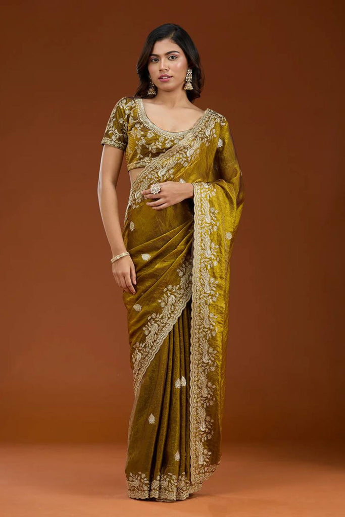 Olive Green Designer Embroidered Saree with Heavy Matching Blouse