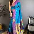 Peacock Blue Soft Silk Saree with Purple Border and Designer Pallu