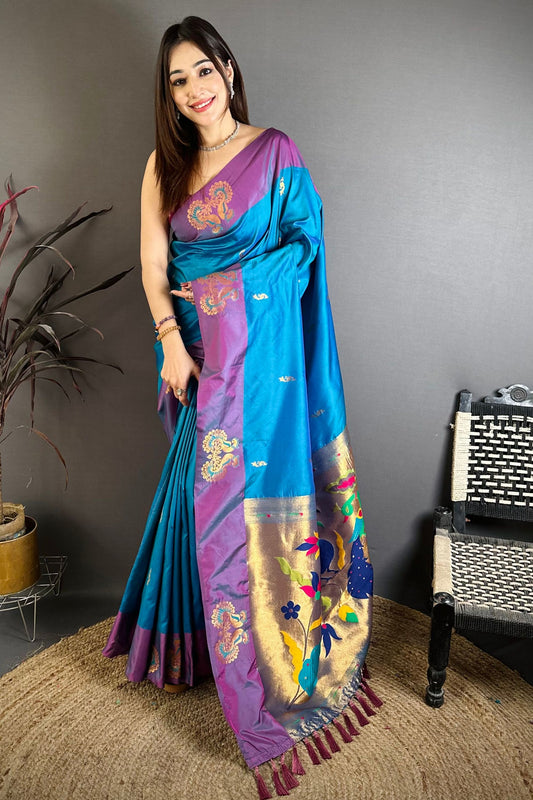 Peacock Blue Soft Silk Saree with Purple Border and Designer Pallu