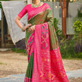 Green and Rani Pink Banarasi Silk Saree with Rich Zari Woven Border