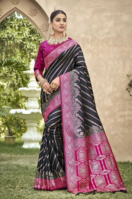 Black Banarasi Silk Saree Pink Zari Border Traditional Saree