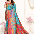 Teal Blue Multicolor Printed Saree Paisley Design Designer Saree