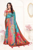 Teal Blue Multicolor Printed Saree Paisley Design Designer Saree