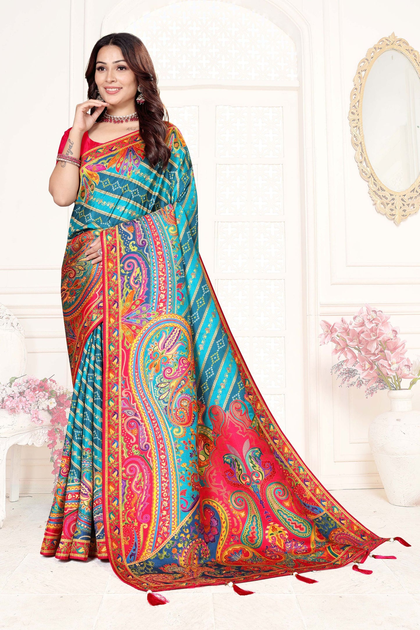 Teal Blue Multicolor Printed Saree Paisley Design Designer Saree