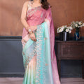 Pink and Aqua Blue Embroidered Organza Silk Saree Designer Border