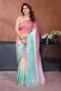 Pink and Aqua Blue Embroidered Organza Silk Saree Designer Border