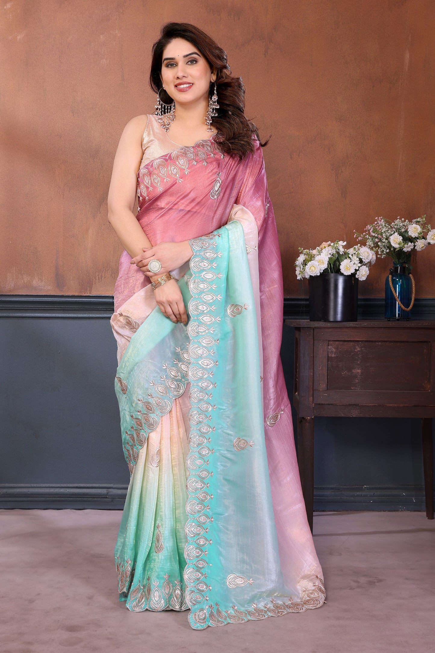 Pink and Aqua Blue Embroidered Organza Silk Saree Designer Border