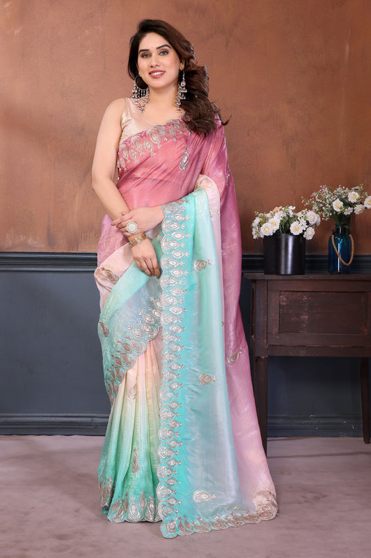 Pink and Aqua Blue Embroidered Organza Silk Saree Designer Border