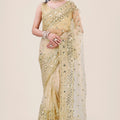 Cream Gold Net Saree Heavy Sequins Embroidery Work Designer Blouse