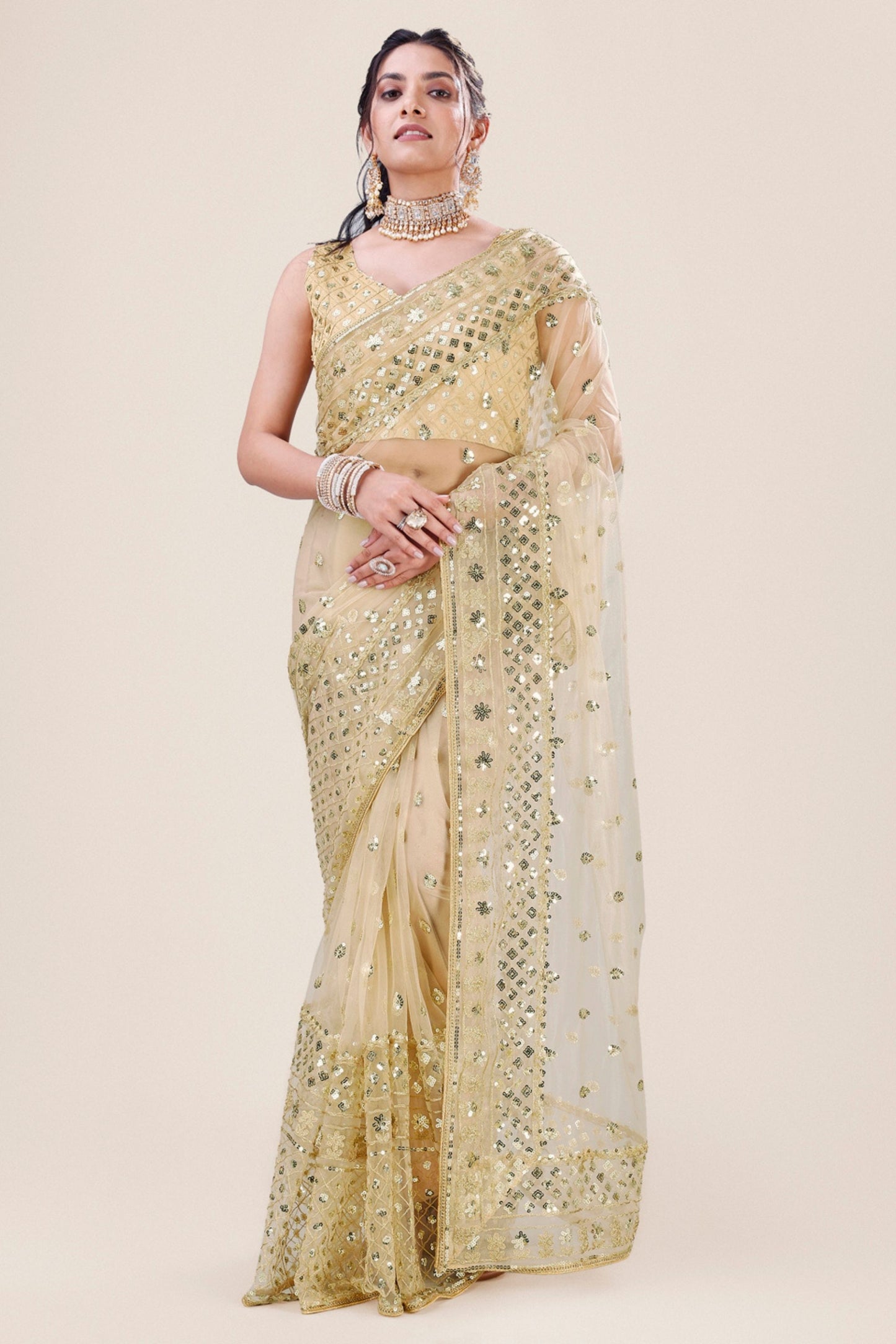 Cream Gold Net Saree Heavy Sequins Embroidery Work Designer Blouse