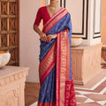 Royal Blue Banarasi Silk Saree Pink Contrast Border 