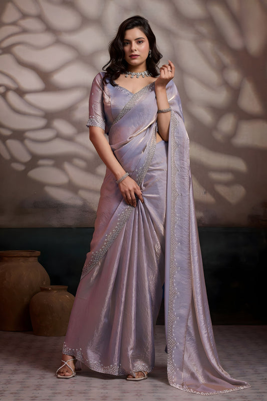 Lavender Shimmer Silk Saree with Elegant Embroidered Border
