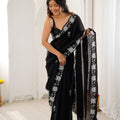  Designer Embroidered Black Satin Saree Party Wear