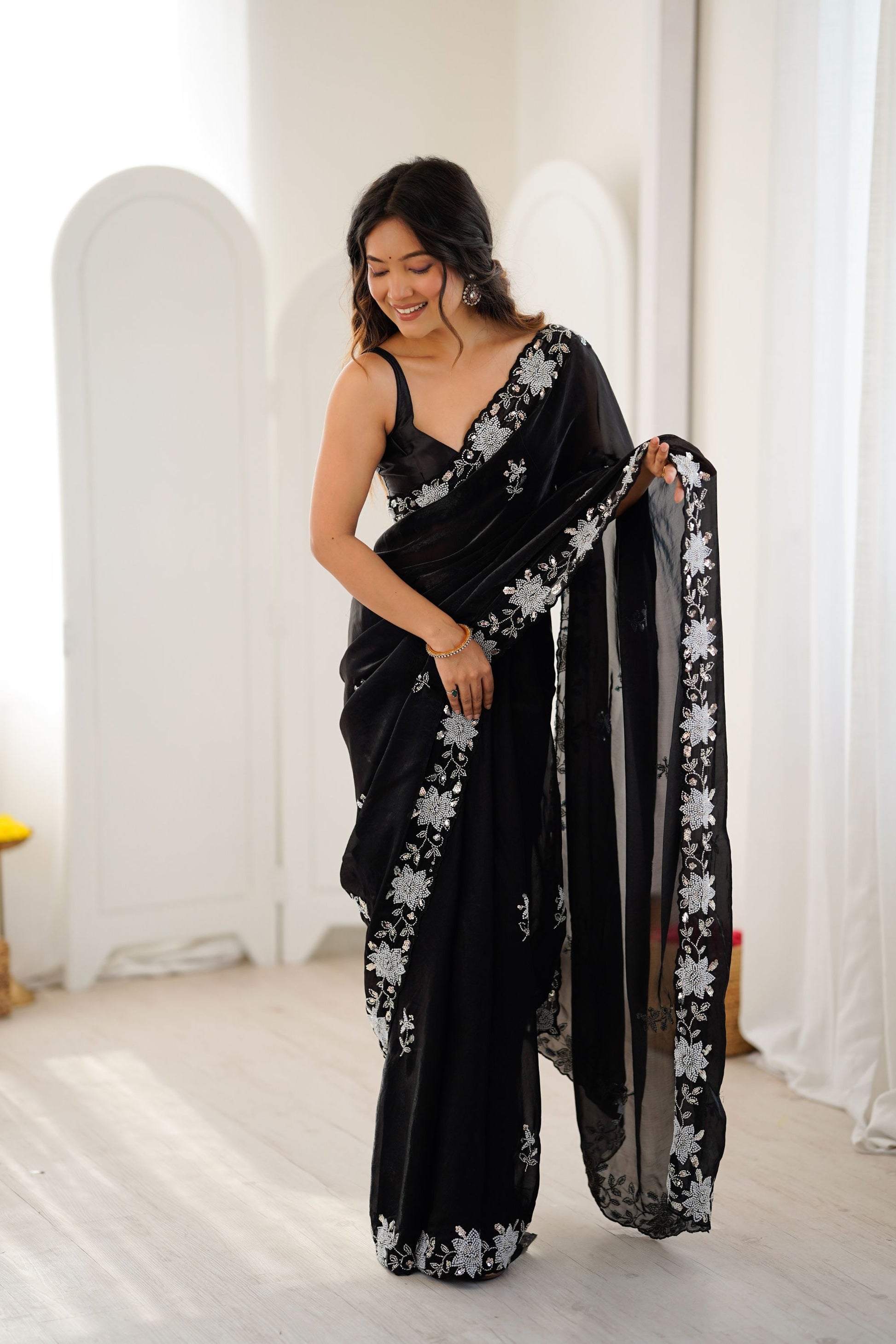  Designer Embroidered Black Satin Saree Party Wear