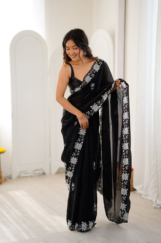  Designer Embroidered Black Satin Saree Party Wear
