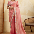Peach Pink Organza Silk Saree with Floral Embroidered Border 