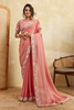 Peach Pink Organza Silk Saree with Floral Embroidered Border 