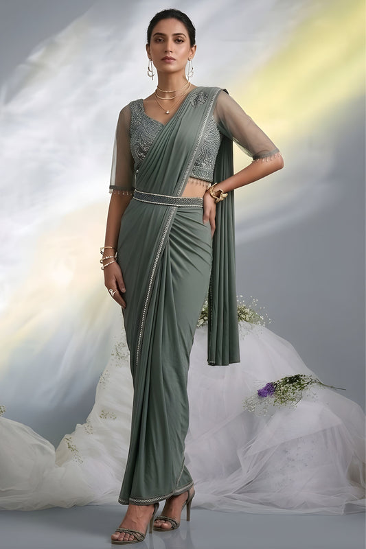Sage Green Ready to Wear Designer Saree with Embellished Blouse