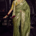  Olive Green Banarasi Silk Saree Rich Gold Zari Weaving Traditional Border 