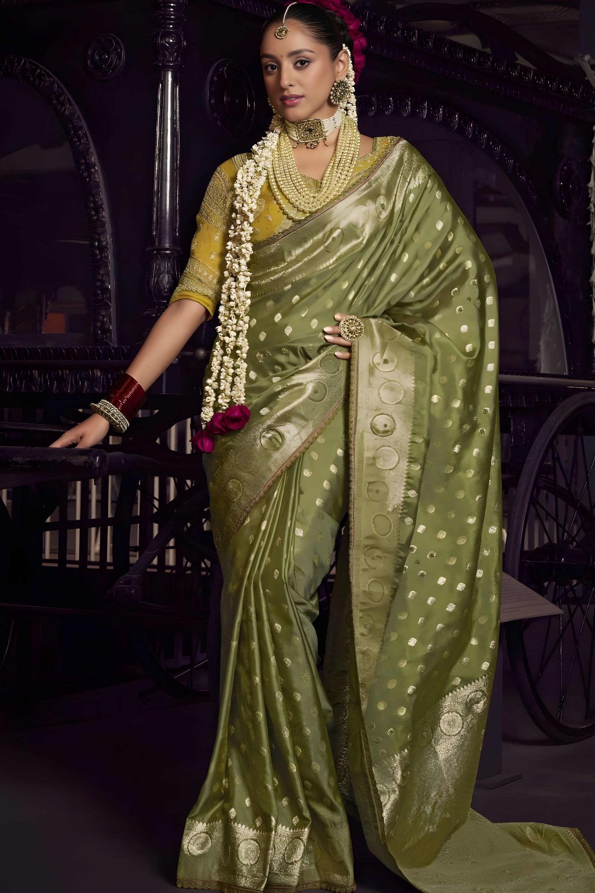 Olive Green Banarasi Silk Saree Rich Gold Zari Weaving Traditional Border 