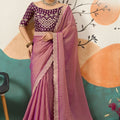 Designer Mauve Organza Saree Lace Border Heavy Embroidered Blouse 