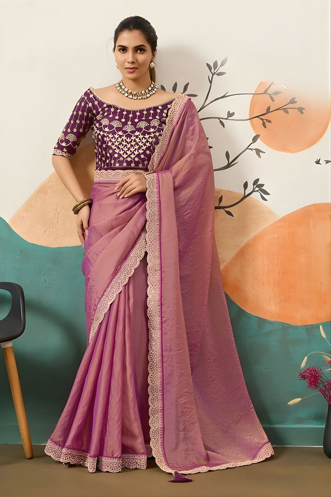 Designer Mauve Organza Saree Lace Border Heavy Embroidered Blouse 
