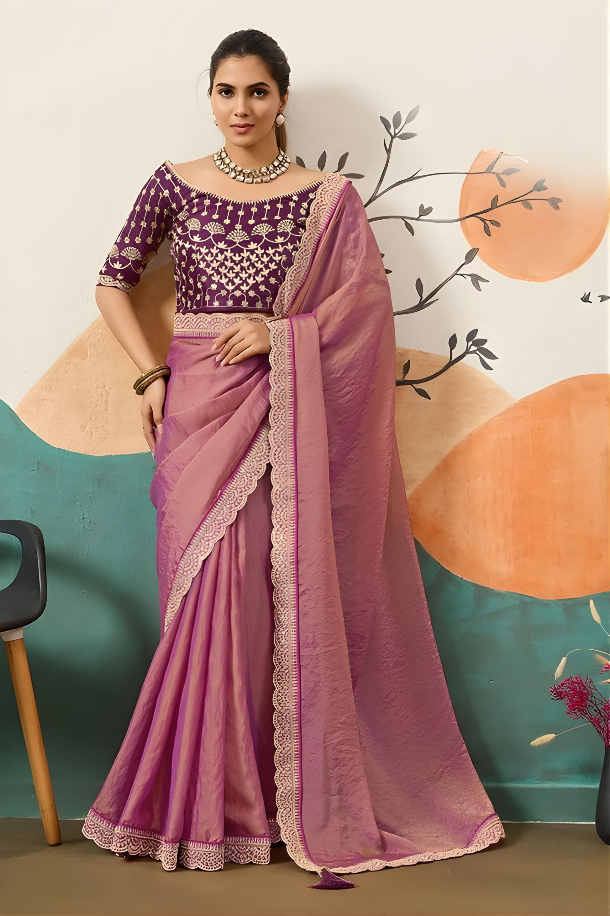 Designer Mauve Organza Saree Lace Border Heavy Embroidered Blouse 