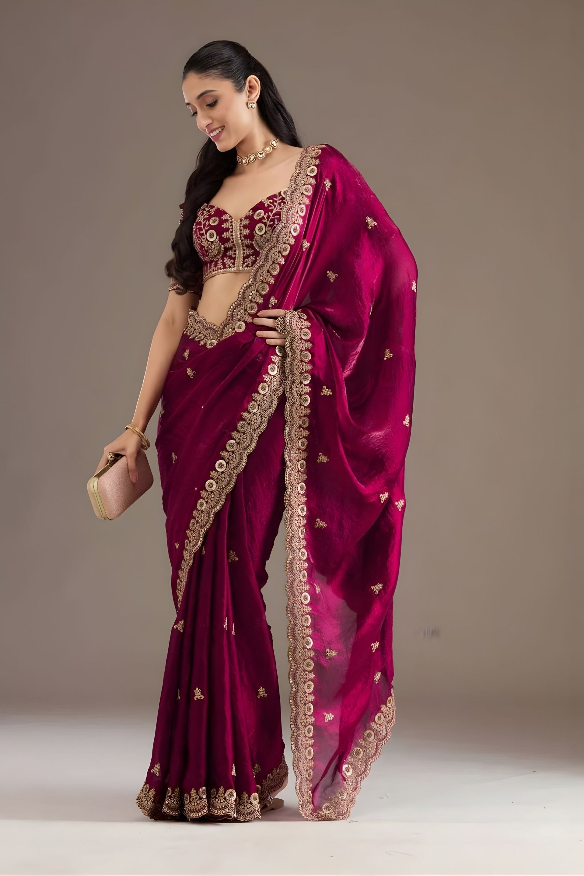 Wine Red Silk Saree with Heavy Zari Embroidery Border Designer Blouse 