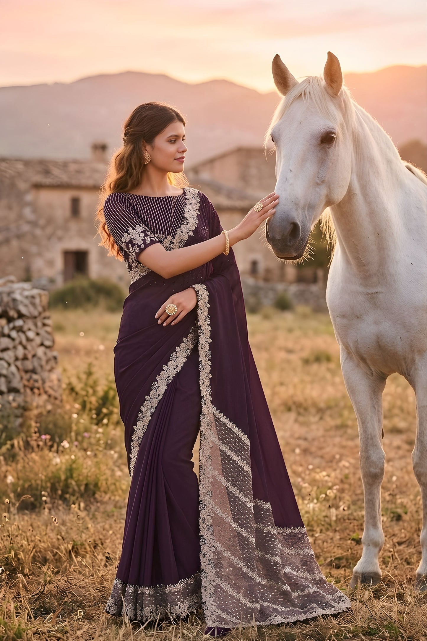 Wine Purple Embroidered Saree with Heavy Designer Border and Blouse