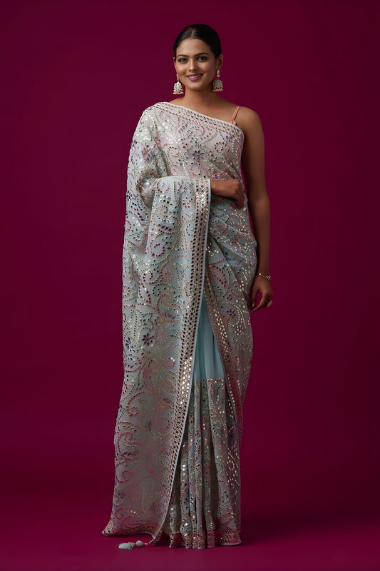 Sea Green Heavy Embroidered Designer Saree with Blouse