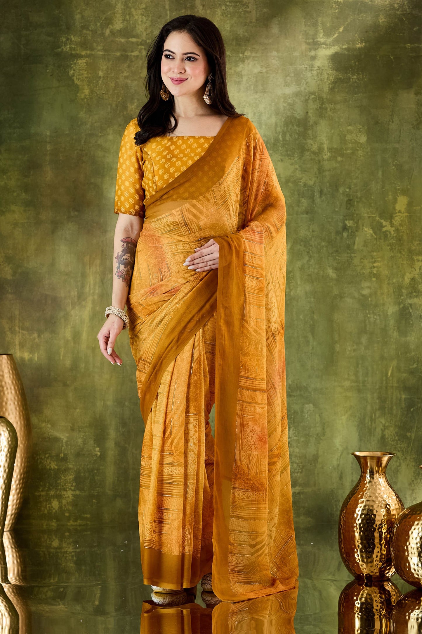 Mustard Yellow Woven Designer Saree with Matching Blouse