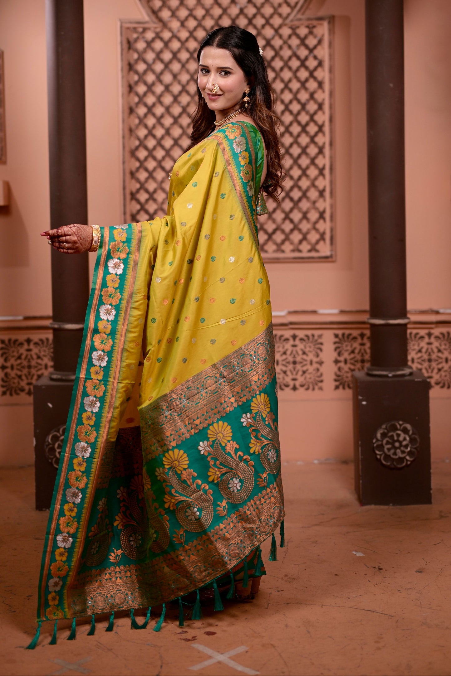 Yellow Silk Saree with Green Border Floral Zari Work Traditional Saree
