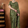 Olive Green Printed Silk Saree with Zari Work Designer Saree