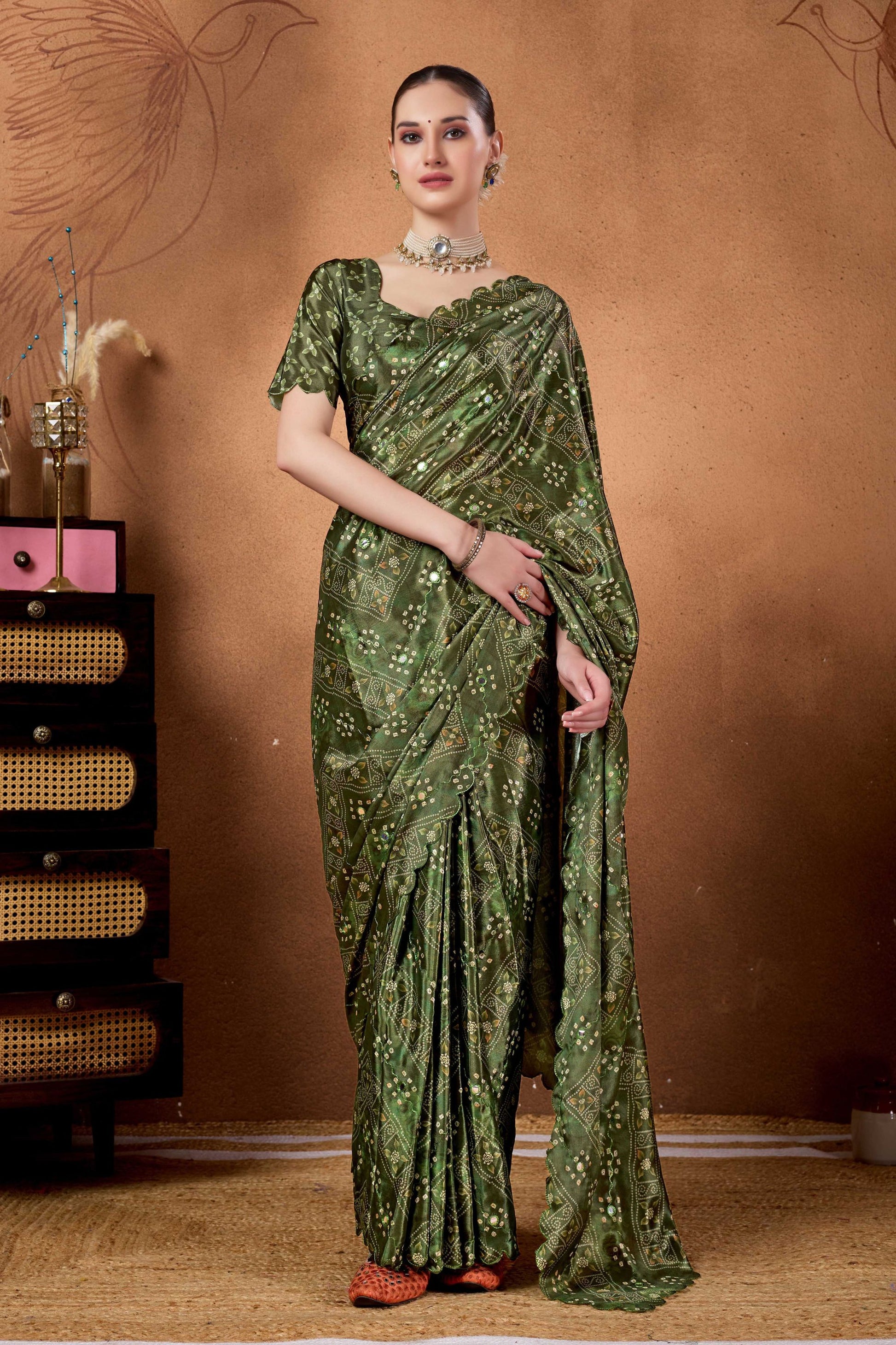 Olive Green Printed Silk Saree with Zari Work Designer Saree