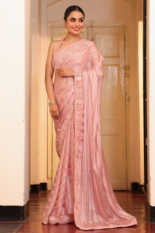 Pink Pleated Satin Saree with Embroidered Floral Border Party Wear