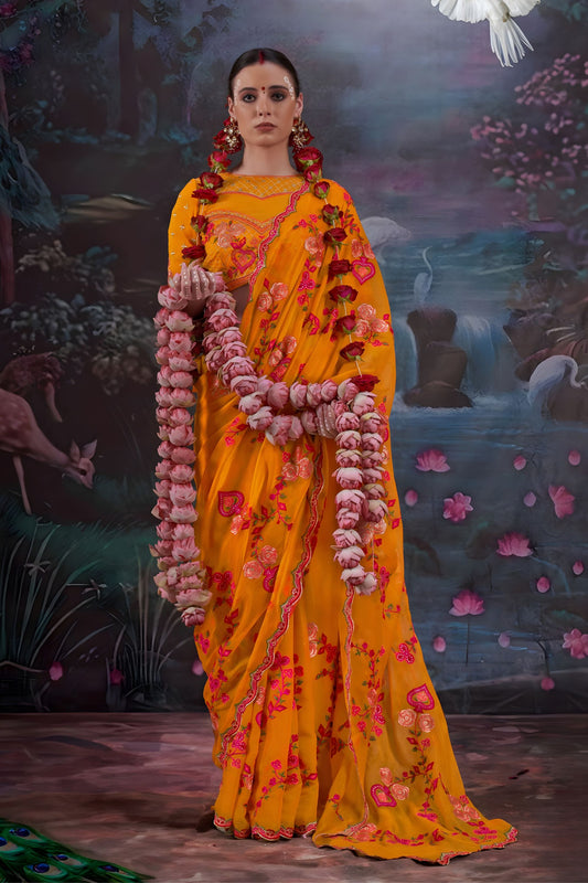 Mustard Yellow Floral Embroidered Saree Designer Blouse