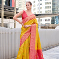 Yellow Banarasi Silk Saree with Pink Woven Border Festive Wear Saree