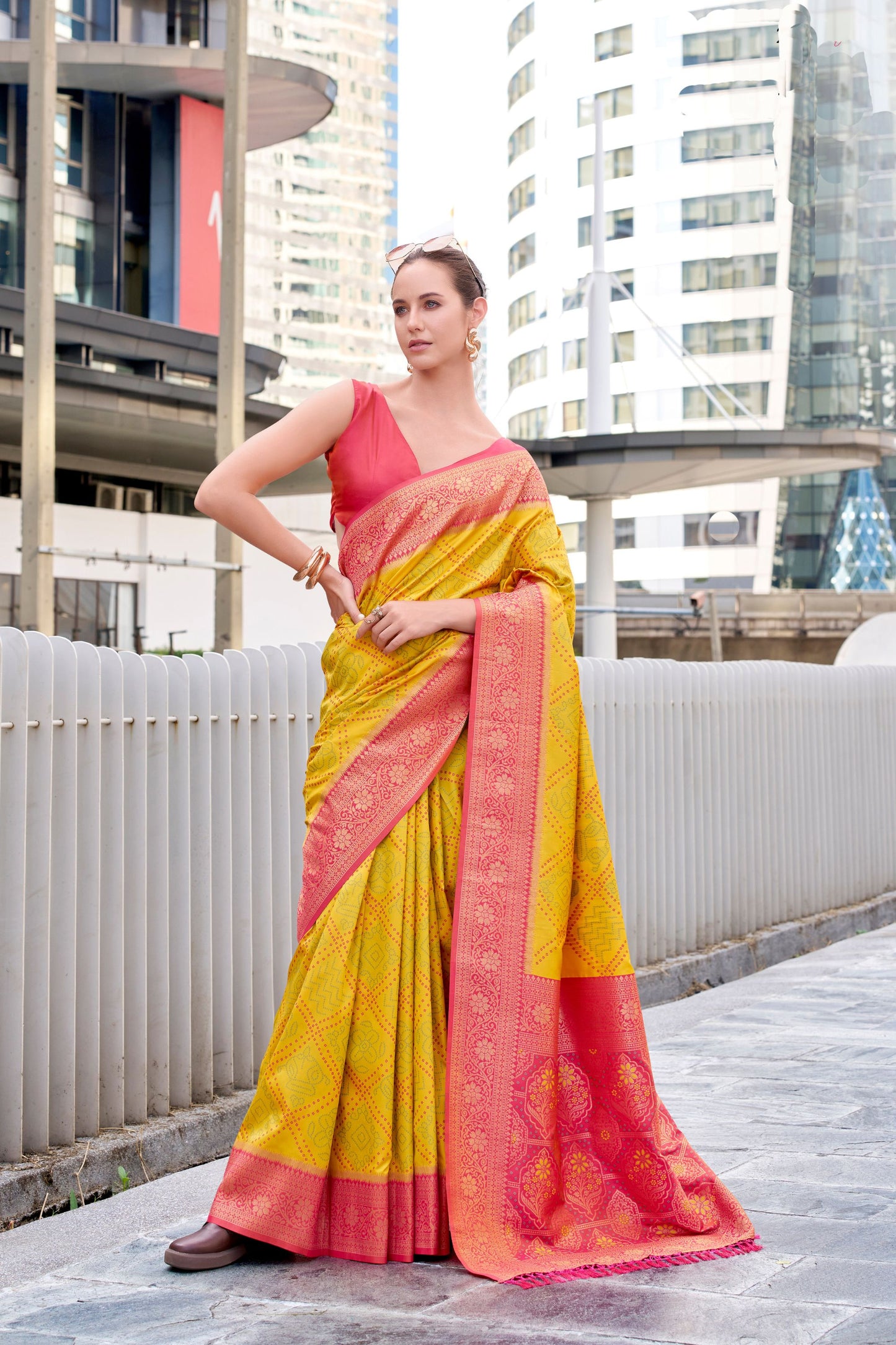 Yellow Banarasi Silk Saree with Pink Woven Border Festive Wear Saree