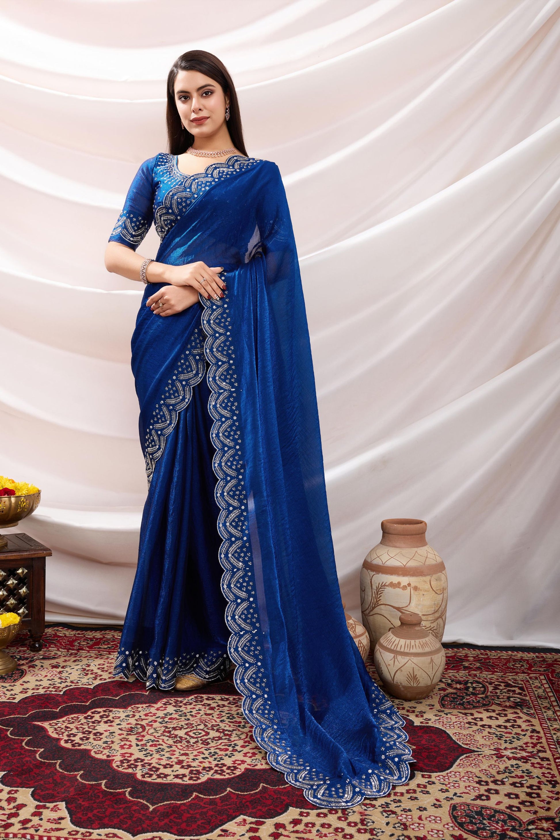 Royal Blue Georgette Saree with Sequin Thread Embroidery Border 